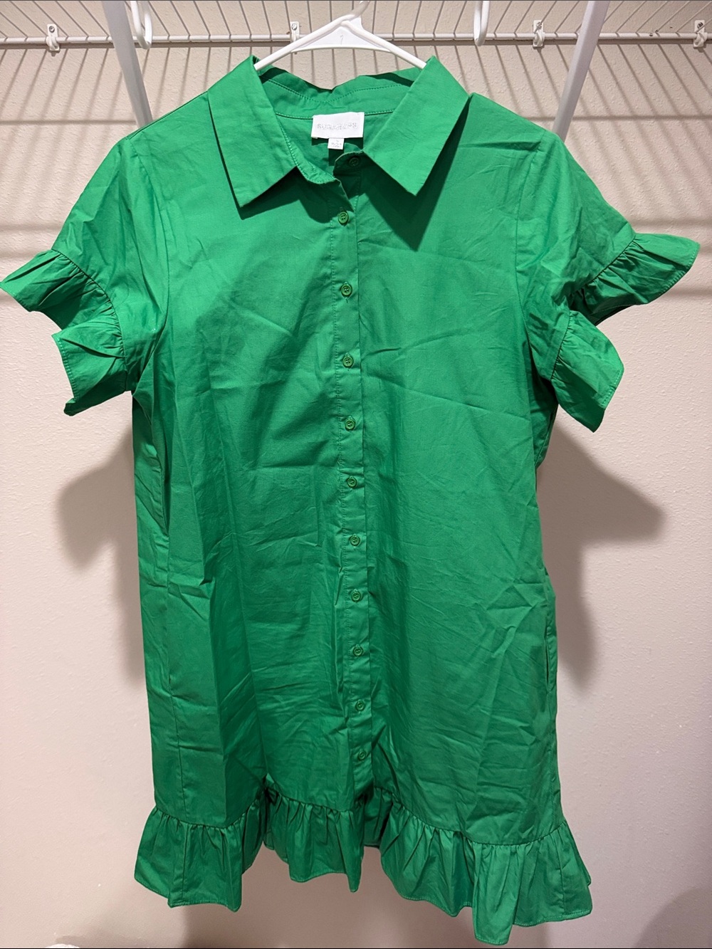 Green Ruffle Hem Button-Front Shirt Dress